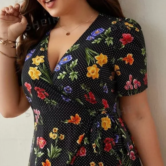 Black Wrap Dress by Shein Curve Frenchy Floral Printed Puff Sleeve Knotted 4X - Picture 3 of 13